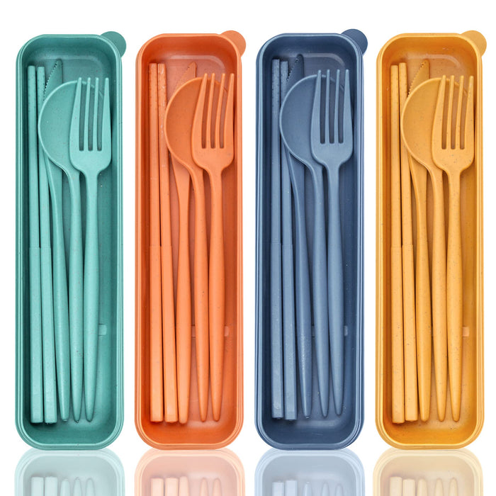 5 PCS set Portable Cutlery Tableware Knife Fork Spoon Chopsticks Set Storage Box Wheat Straw