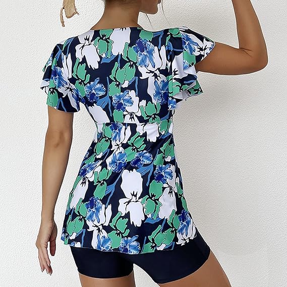 Women's Swimwear Tankini 2 Piece Plus Size Swimsuit Ruffle Printing