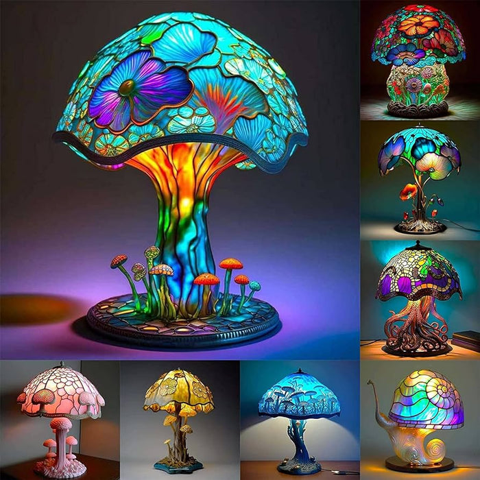 Mushroom Table Lamp, Stained Glass Plant Night Light, Bohemian Resin Decorative Bedside Lamp