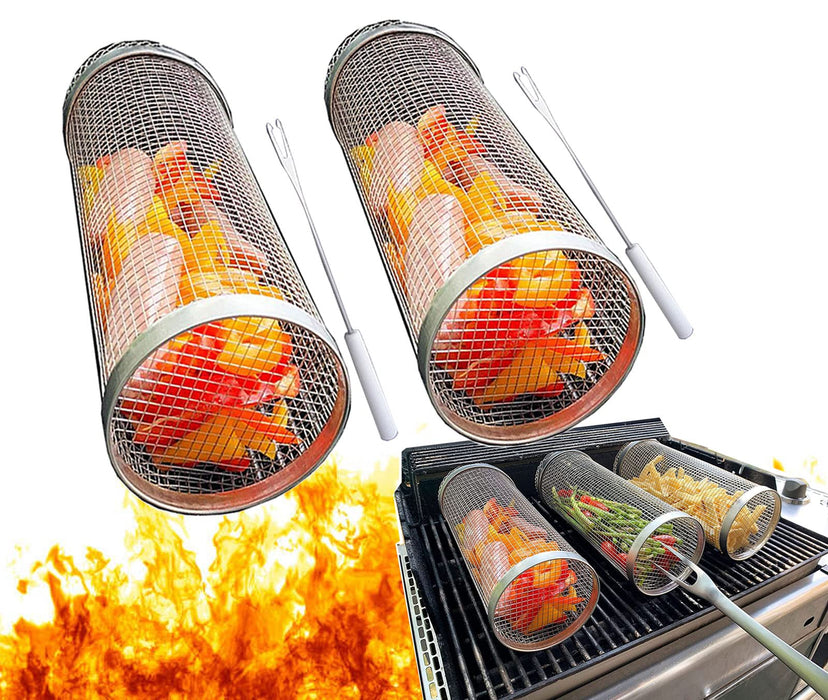 3PCS Rolling Grilling Basket for outdoor Grill, BBQ Basket Rotisserie, BBQ Net Tube,