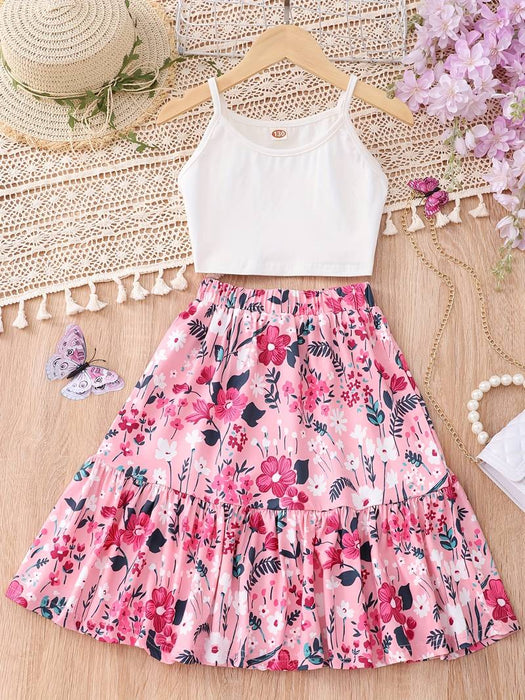 2 Pieces Kids Girls' Solid Color Skirt & Shirt Set Sleeveless Daily Outdoor 7-13 Years Summer Black Pink