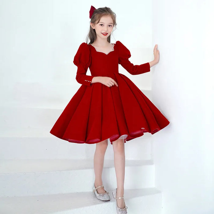 Kids Girls' Party Dress Solid Color Long Sleeve Performance Mesh Puff Sleeve Princess Sweet