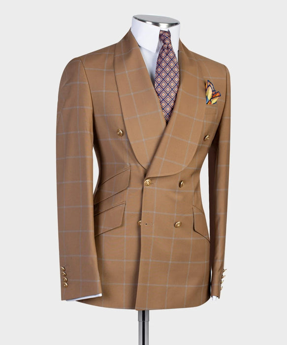 Brown Men's Wedding Suits 2 Piece Checkered Tailored Fit Double Breasted Four-buttons 2023