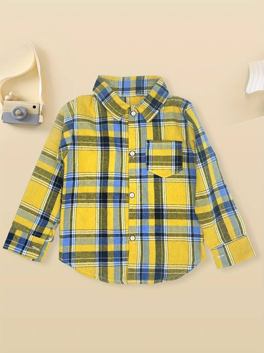 Toddler Boys Shirt Plaid Long Sleeve Button Outdoor Fashion Yellow Summer Clothes 3-7 Years