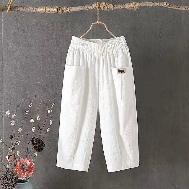 Women's Pants Trousers Linen Cotton Blend Pocket Calf-Length Black Spring & Summer
