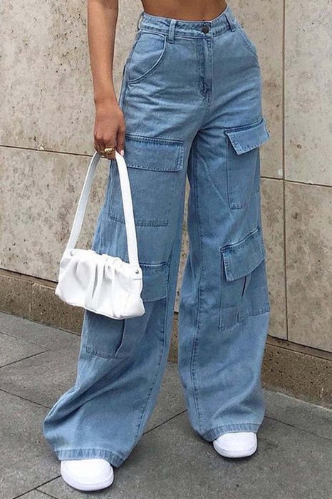 Women's Jeans Cargo Pants Baggy Full Length Denim Baggy Micro-elastic Mid Waist
