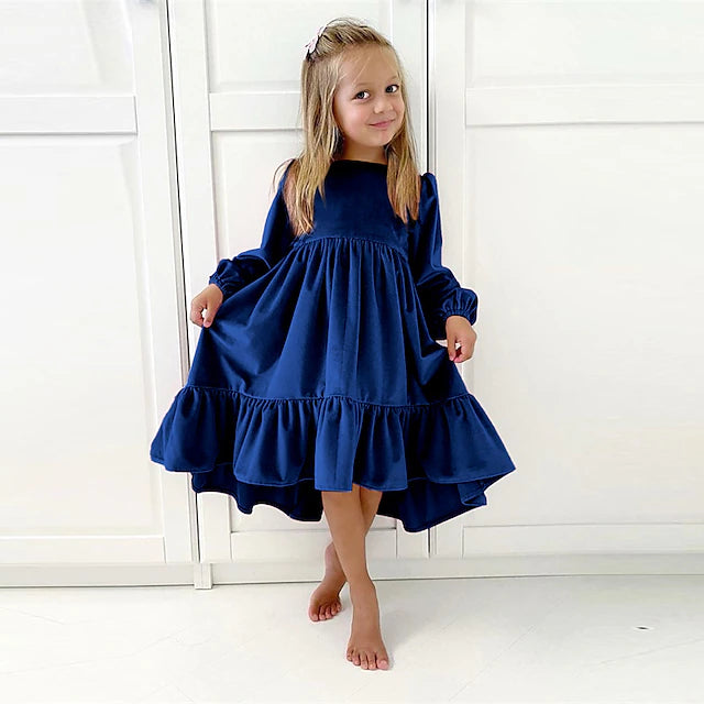 Kids Girls' Christmas Dress Dress Solid Color Long Sleeve Formal Party Christmas Gifts