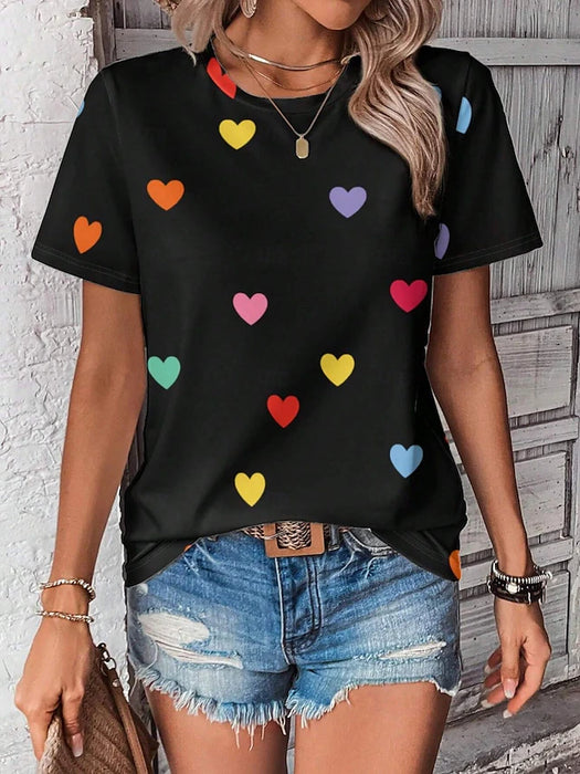Women's Valentine Heart T Shirt Cute Regular Tops Short Sleeve Round Neck Print Regular Fit Daily Black White Summer