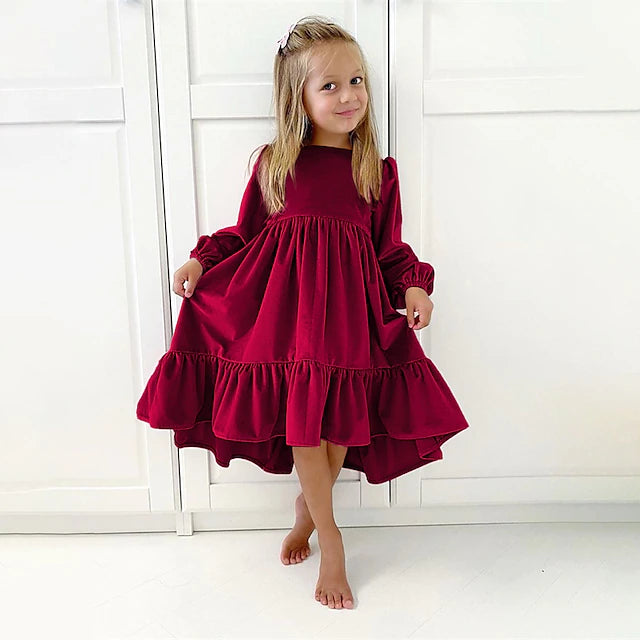 Kids Girls' Christmas Dress Dress Solid Color Long Sleeve Formal Party Christmas Gifts