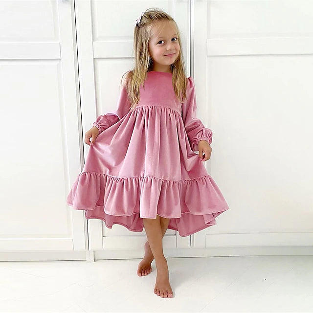 Kids Girls' Christmas Dress Dress Solid Color Long Sleeve Formal Party Christmas Gifts