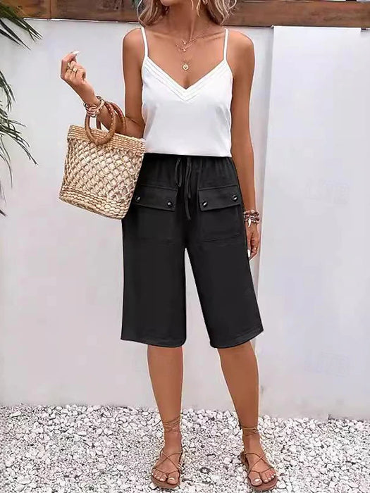 Women's Shorts Linen Cotton Blend Pocket Knee Length Black Summer