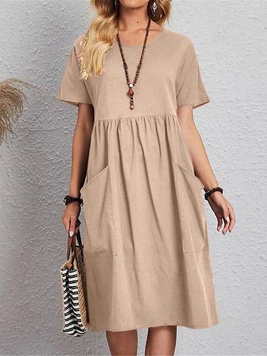 Women's Linen Dress Cotton Summer Dress Midi Dress Pocket