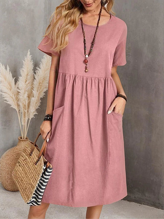 Women's Linen Dress Cotton Summer Dress Midi Dress Pocket