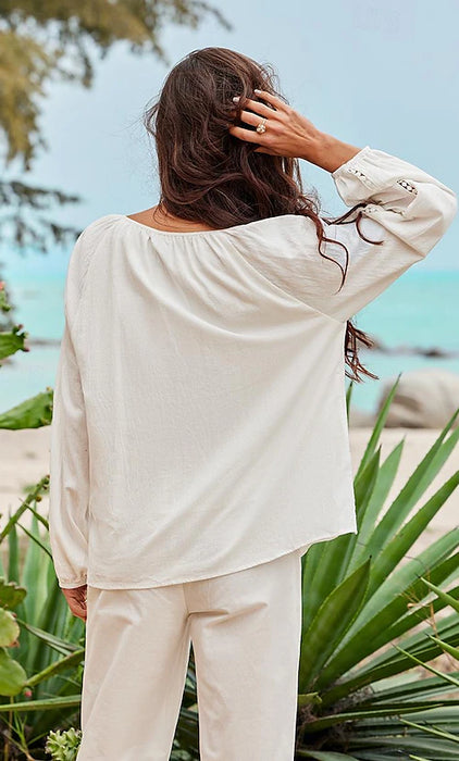 Women's Shirt Blouse Cotton Plain Casual Holiday White Tassel Long Sleeve