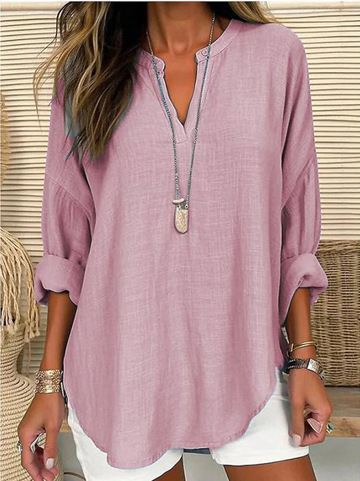 Women's Shirt Blouse Linen Casual Daily Pink Long Sleeve Solid Basic V Neck Spring Fall