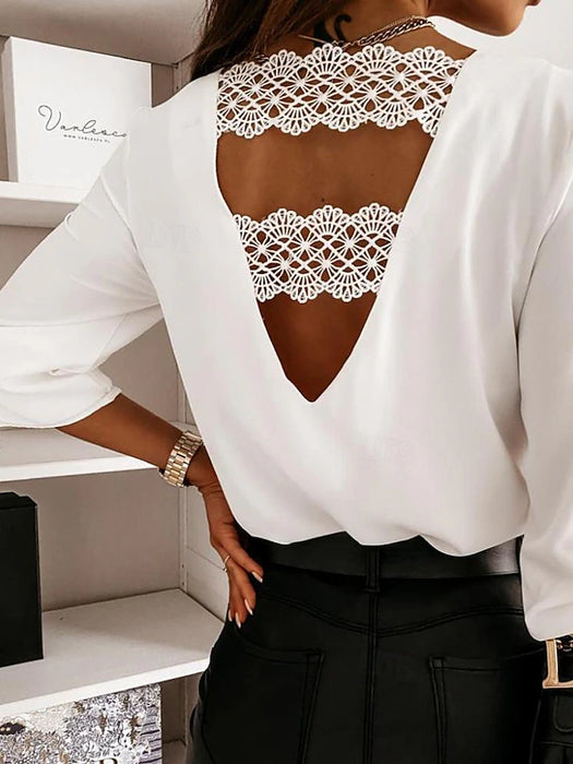 Shirt Blouse Women's Black White Plain Lace Street Daily Fashion V Neck Regular Fit S
