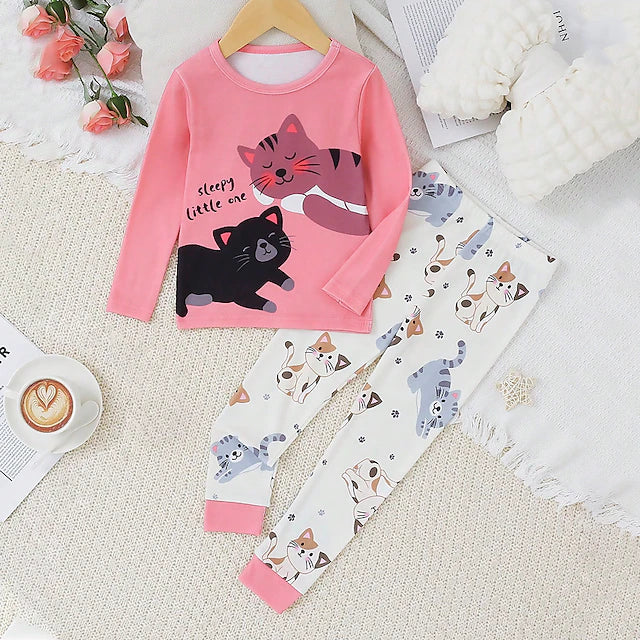 Girls' 3D Cat Letter Pajama Set Long Sleeve 3D Print Fall Winter Active Fashion Cute