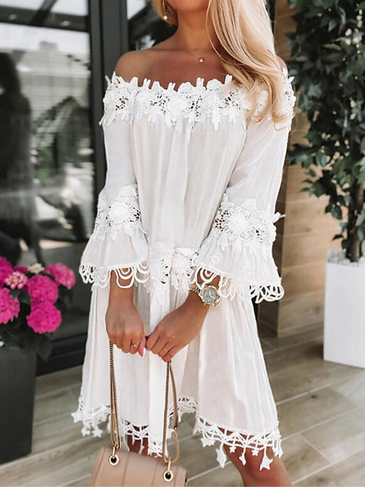 Women's White Dress Lace Dress Plain Tassel Fringe Lace Off Shoulder