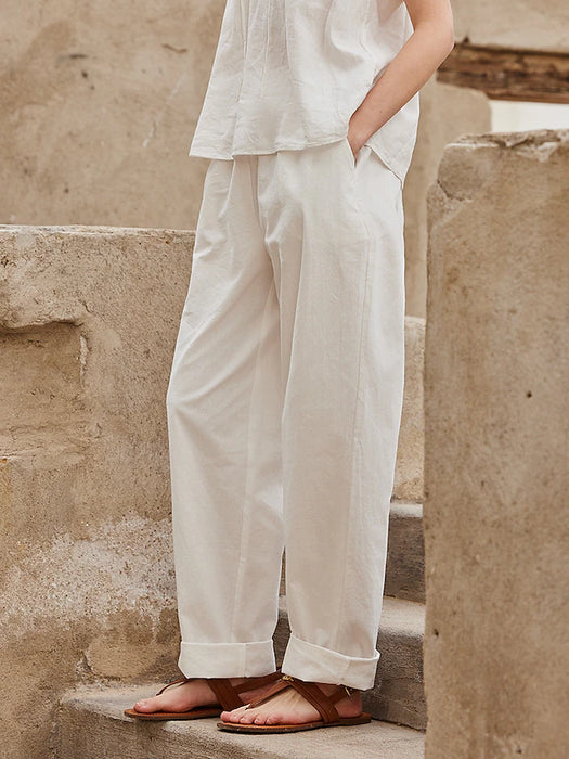 55% Linen Women's Pants White Pocket Linen Slacks Basic Breathable Trousers Modern Regular Fit Summer Spring
