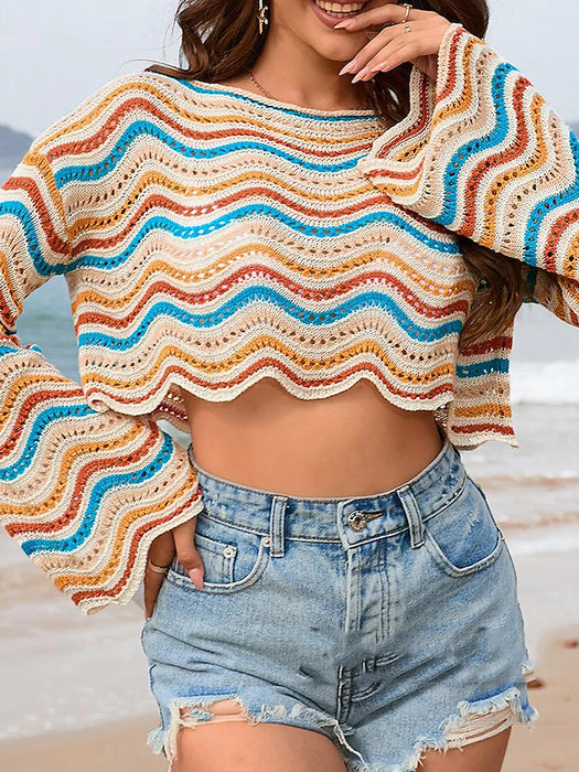 Women's Shirt Crop Top Striped Vacation Beach Print Crochet Bell Sleeve Black Long Sleeve