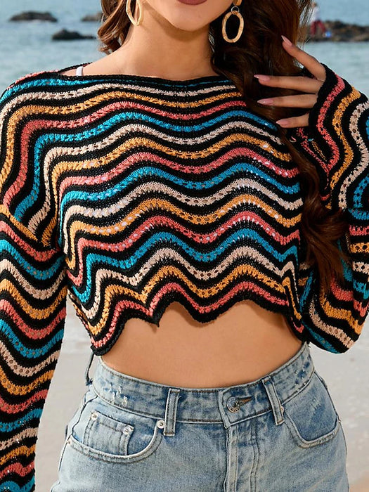 Women's Shirt Crop Top Striped Vacation Beach Print Crochet Bell Sleeve Black Long Sleeve