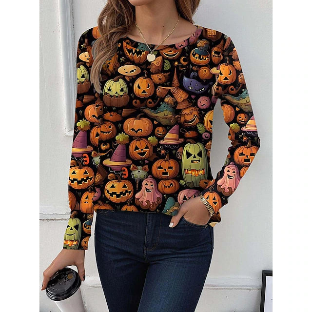 Women's T shirt Tee Ombre Print Halloween Daily Casual Long Sleeve Crew Neck