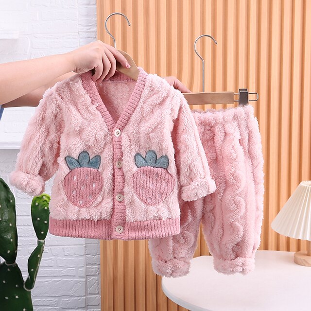 Toddler Girls' Pajama Sets Long Sleeve Xiaohua grain velvet pajamas set pink Round Neck