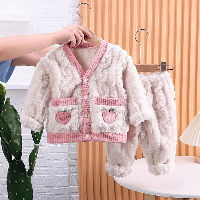 Toddler Girls' Pajama Sets Long Sleeve Xiaohua grain velvet pajamas set pink Round Neck