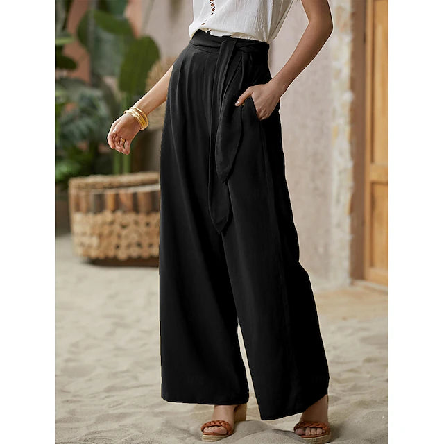 Women's Wide Leg Polyester Plain Black Yellow Fashion High Waist Long