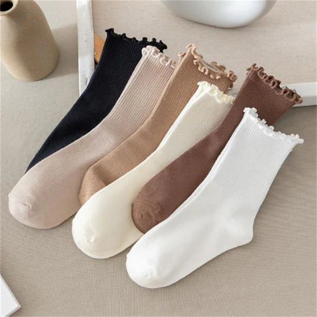 6pairs Autumn And Winter Style Wooden Ear Edge Socks Children's White Solid Color Mid Length Socks