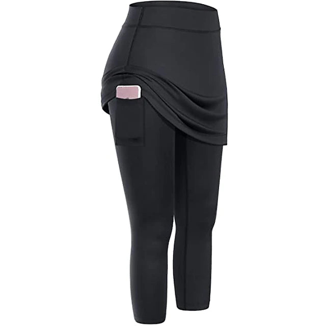 Women's Running Capri Leggings Running Skirt with Tights 2 in 1 with Phone Pocket Base Layer Athletic