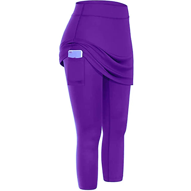 Women's Running Capri Leggings Running Skirt with Tights 2 in 1 with Phone Pocket Base Layer Athletic