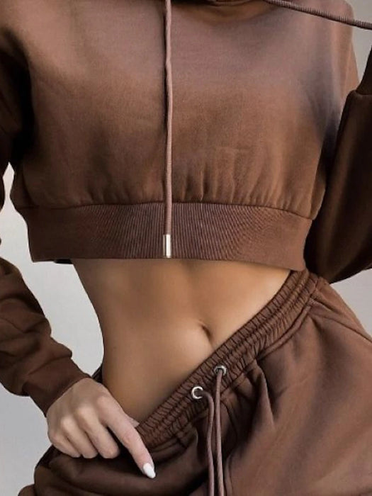 Women's Crop Top Hoodie Tracksuit Pants Sets Solid Color Causal Black White Brown
