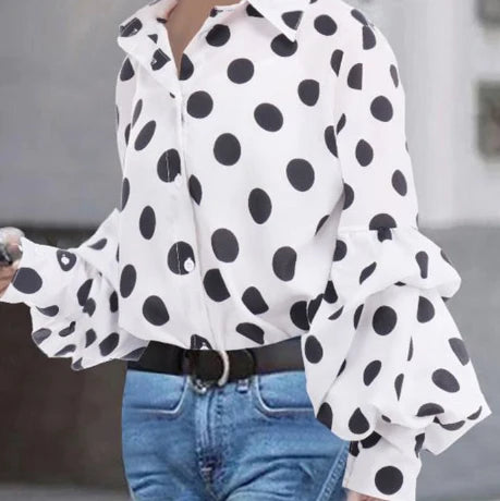 Women's Blouse Shirt White Black Polka Dot Print Long Sleeve