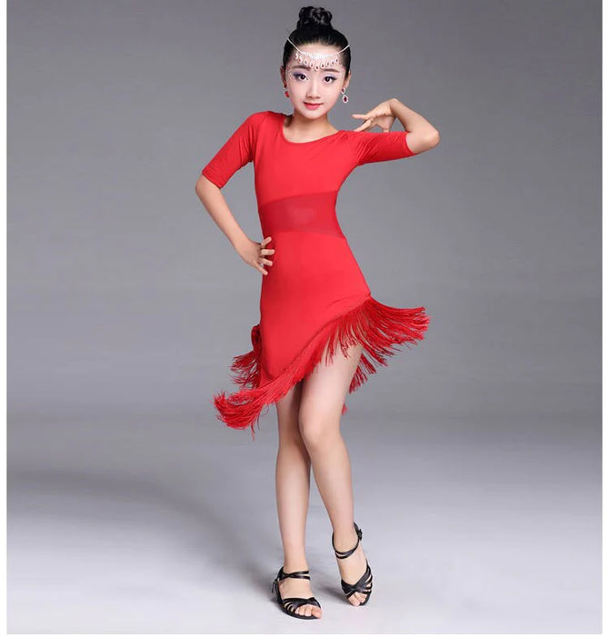 Latin Dance Kids' Dancewear Dress Tassel Solid Girls' Training Performance Half Sleeve Polyester