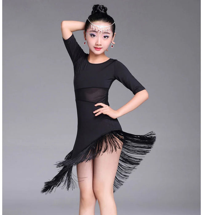 Latin Dance Kids' Dancewear Dress Tassel Solid Girls' Training Performance Half Sleeve Polyester