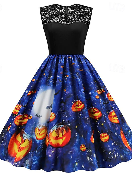 Women's Patchwork Print Black Dress Long Dress Maxi Dress Pumpkin