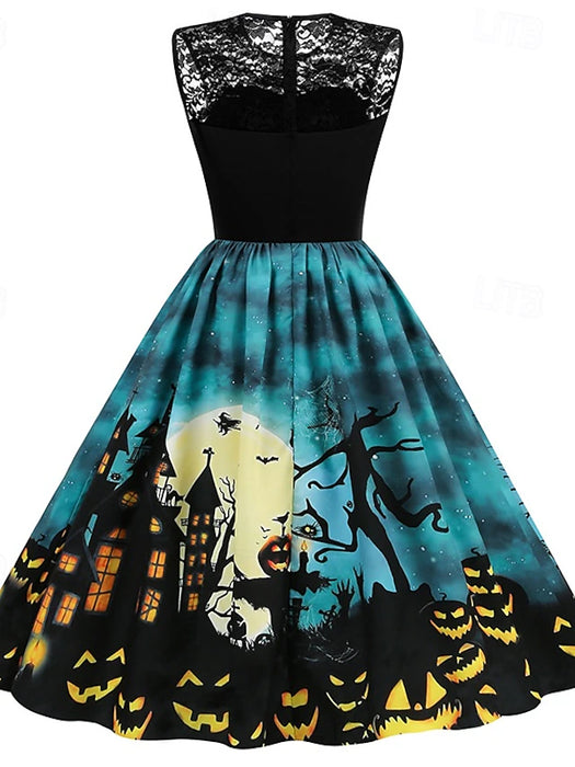 Women's Patchwork Print Black Dress Long Dress Maxi Dress Pumpkin