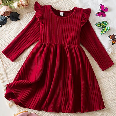 Christmas Girls' 3D Solid Color Christmas Dress Dress Long Sleeve Summer