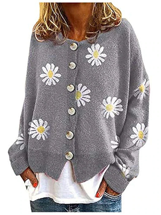 Women's Cardigan Knitted Button Print Floral Daisy Stylish Basic Casual Long Sleeve