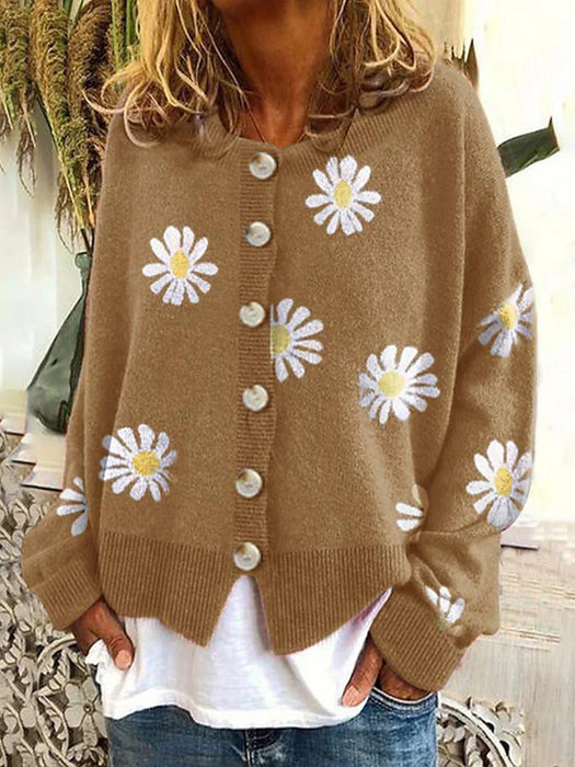 Women's Cardigan Knitted Button Print Floral Daisy Stylish Basic Casual Long Sleeve