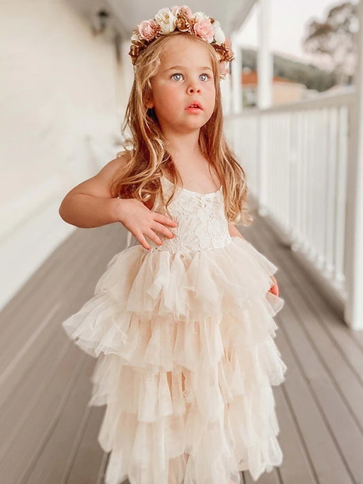 Princess Floor Length Flower Girl Dress First Communion Cute Prom Dress Cotton Blend with Lace Tiered Tutu Fit 3-16 Years