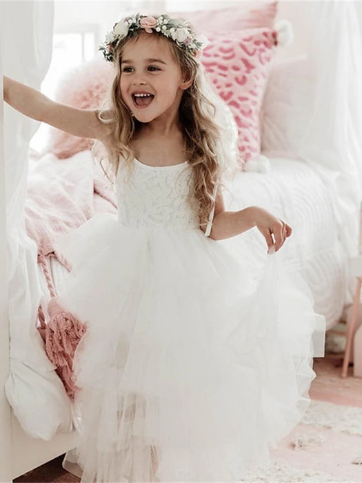 Princess Floor Length Flower Girl Dress First Communion Cute Prom Dress Cotton Blend with Lace Tiered Tutu Fit 3-16 Years