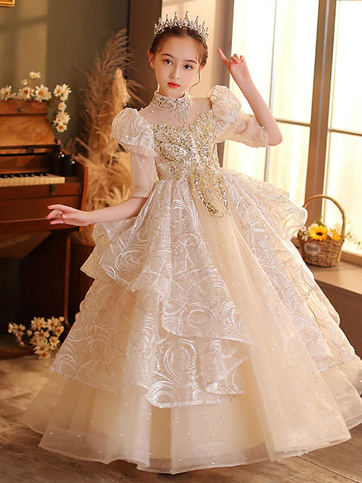 Ball Gown Floor Length Flower Girl Dress First Communion Girls Cute Prom Dress Satin with Beading Sparkle & Shine