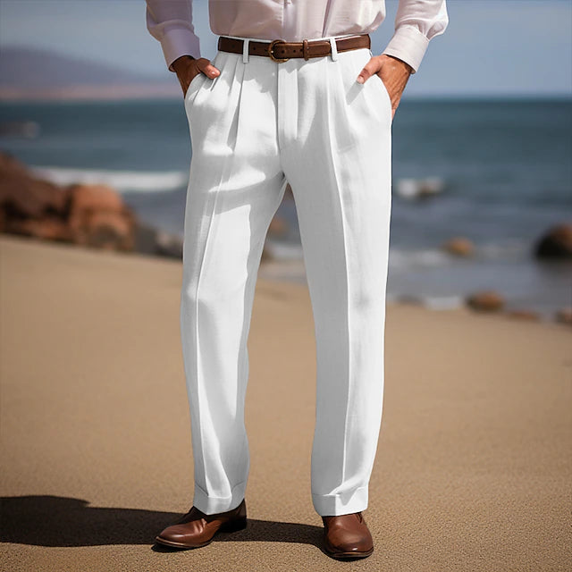 Men's Linen Pants Trousers Summer Pants Front Pocket Pleats Straight Leg