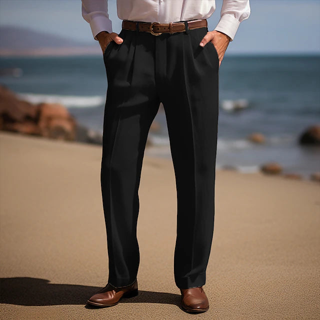 Men's Linen Pants Trousers Summer Pants Front Pocket Pleats Straight Leg