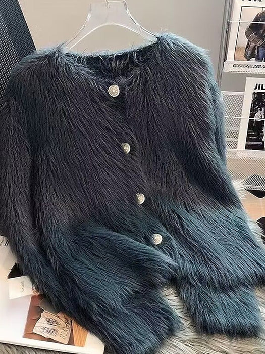Women's Cardigan Sweater Crew Neck Ribbed Knit Polyester Imitation Mink Faux Fur Trim Fall Winter