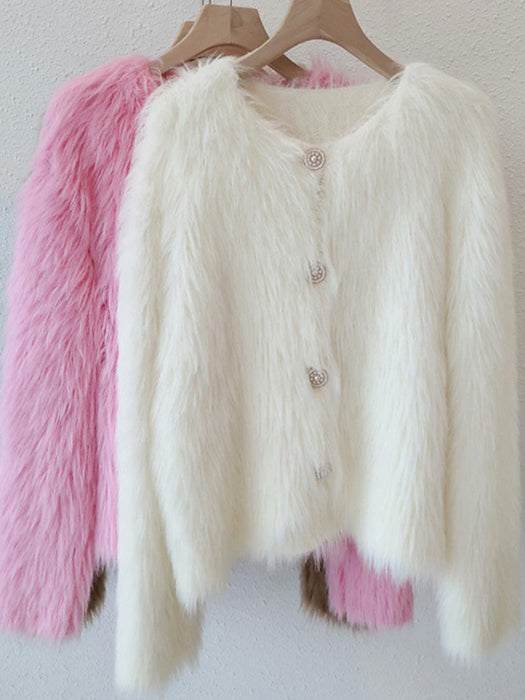 Women's Cardigan Sweater Crew Neck Ribbed Knit Polyester Imitation Mink Faux Fur Trim Fall Winter
