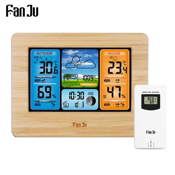 FanJu Wireless Digital Thermometer Hygrometer Barometer Weather Station Frost Alarm Clock