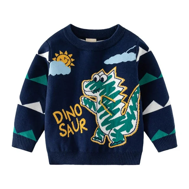 Kids Boys Sweater Dinosaur Long Sleeve Crewneck Outdoor Fashion Navy Blue Fall Clothes 3-7 Years
